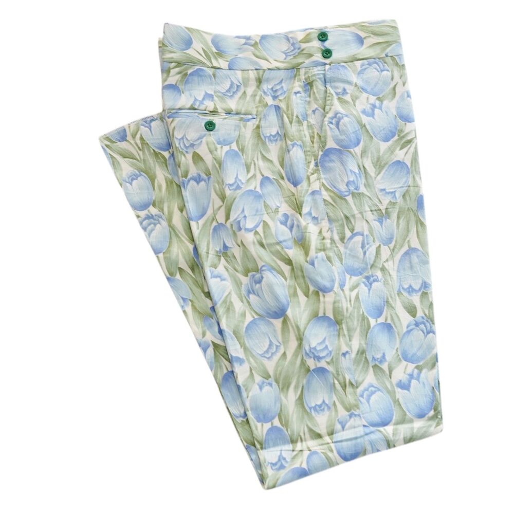 Mens 36 Blue Green Floral Gurkha Pants Cotton Slim Fit Flat Front Dress Trousers